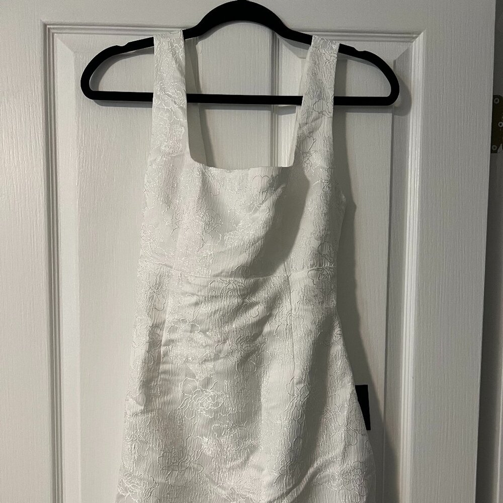 White Floral Jacquard Tie-Back Mini Dress